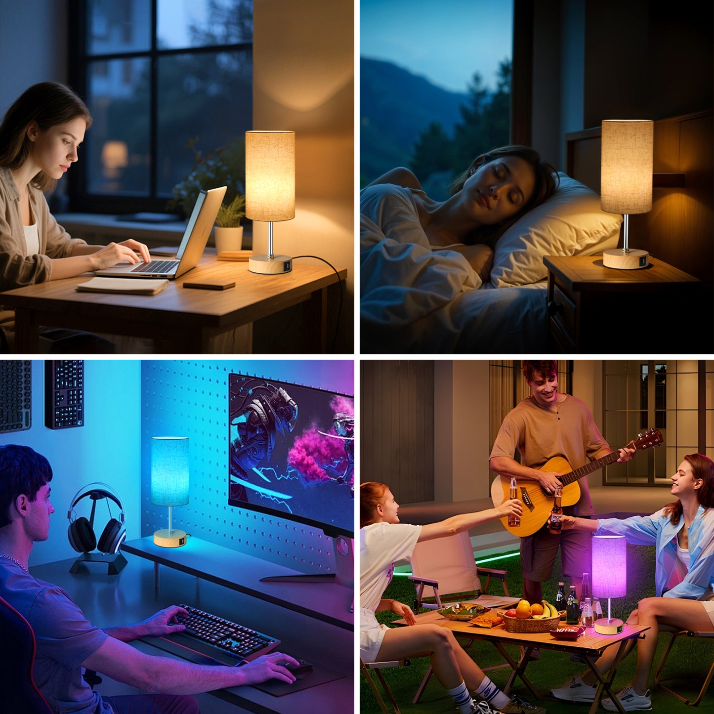 Unicozin Small Table Lamp, 3CCT & 7 RGB Color Changing, Dimmable Nightstand Lamp with Wood Grain Base, Touch Bedsides Lamp for Bedroom, Office, Kids Room, Nursery, Party, Beige Shad