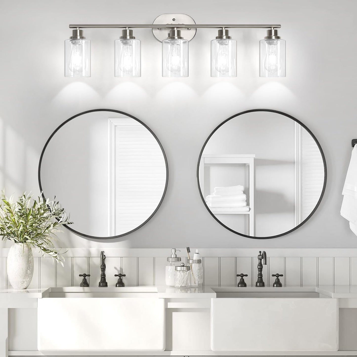 Unicozin Bathroom Light Fixtures, 5 Light Vanity Lights for Bathroom, Brushed Nickel Wall Lamp with Clear Glass for Mirror, Living Room, Hallway, Cabinet, E26 Base