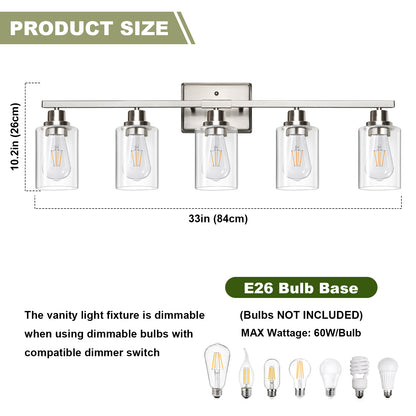 Unicozin Modern Bathroom Light Fixtures, 5 Light Vanity Lights Over Mirror, Brushed Nickel Wall Lamp with Clear Glass for Living Room Cabinet Bedroom Porch