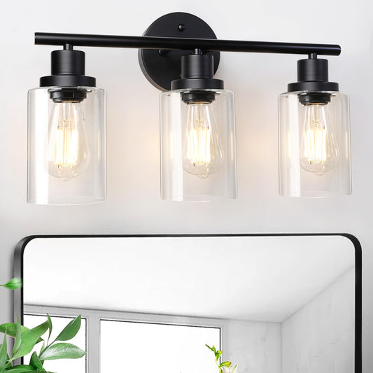 Unicozin 3 Light Vanity Lights, Black Wall Sconce Light with Clear Glass, Bathroom Light Fixtures, Wall Lights for Mirror, Living Room, Bedroom, Hallway, E26 Base (Bulbs Not Included)