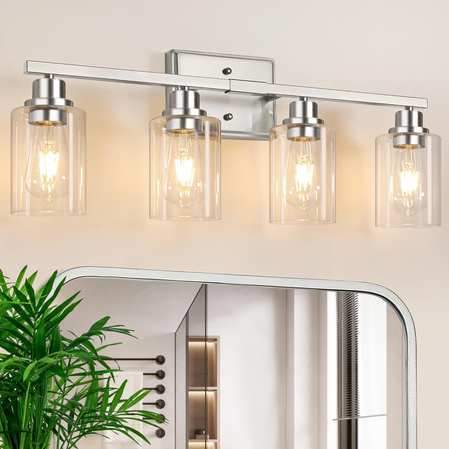 Unicozin Modern Bathroom Light Fixtures, 4 Light Vanity Lights Over Mirror, Brushed Nickel Wall Lamp with Clear Glass for Living Room Cabinet Bedroom Porch