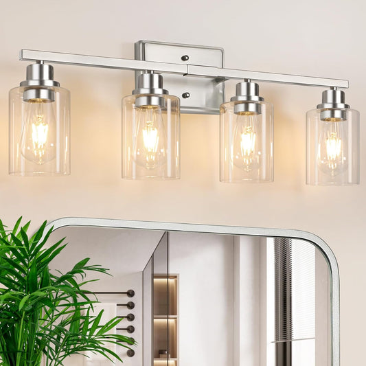 Unicozin Modern Bathroom Light Fixtures, 4 Light Vanity Lights Over Mirror, Brushed Nickel Wall Lamp with Clear Glass for Living Room Cabinet Bedroom Porch