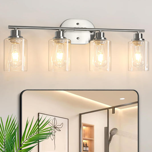 Unicozin Bathroom Light Fixtures, 4 Light Vanity Lights for Bathroom, Brushed Nickel Wall Lamp with Clear Glass for Mirror, Living Room, Hallway, Cabinet, E26 Base