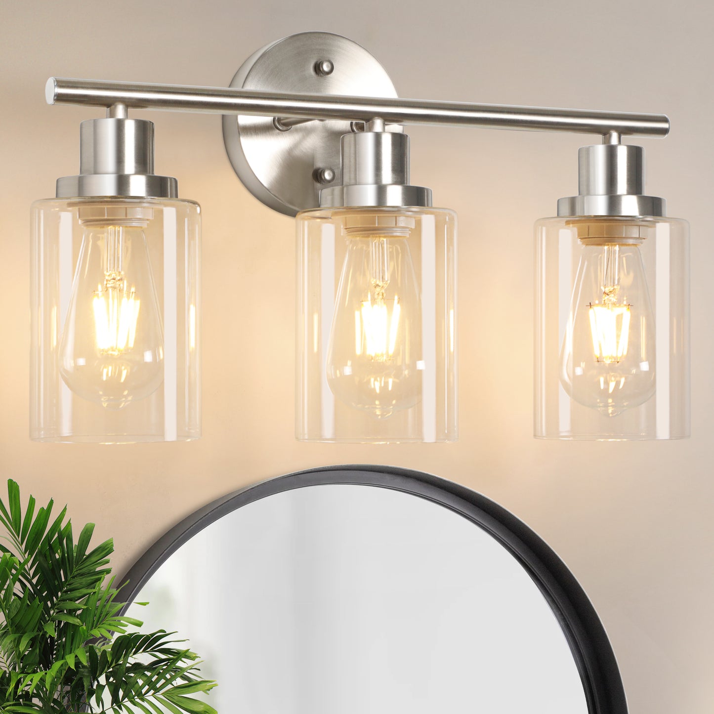 Unicozin 3 Light Vanity Lights, Matt Nickel Wall Sconce Light with Clear Glass, Bathroom Light Fixtures, Wall Lights for Mirror, Living Room, Bedroom, Hallway, E26 Base (Bulbs Not Included)