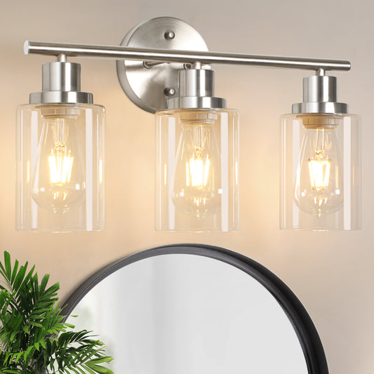 Unicozin 3 Light Vanity Lights, Matt Nickel Wall Sconce Light with Clear Glass, Bathroom Light Fixtures, Wall Lights for Mirror, Living Room, Bedroom, Hallway, E26 Base (Bulbs Not Included)