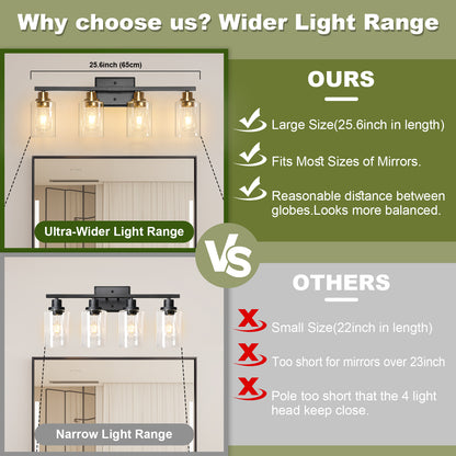 Unicozin Modern Bathroom Light Fixtures, 4 Light Vanity Lights Over Mirror, Black and Gold Wall Lamp with Clear Glass for Living Room Cabinet Bedroom Porch