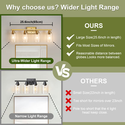 Unicozin Modern Bathroom Light Fixtures, 4 Light Vanity Lights Over Mirror, Gold Wall Lamp with Clear Glass for Living Room Cabinet Bedroom Porch Powder Room