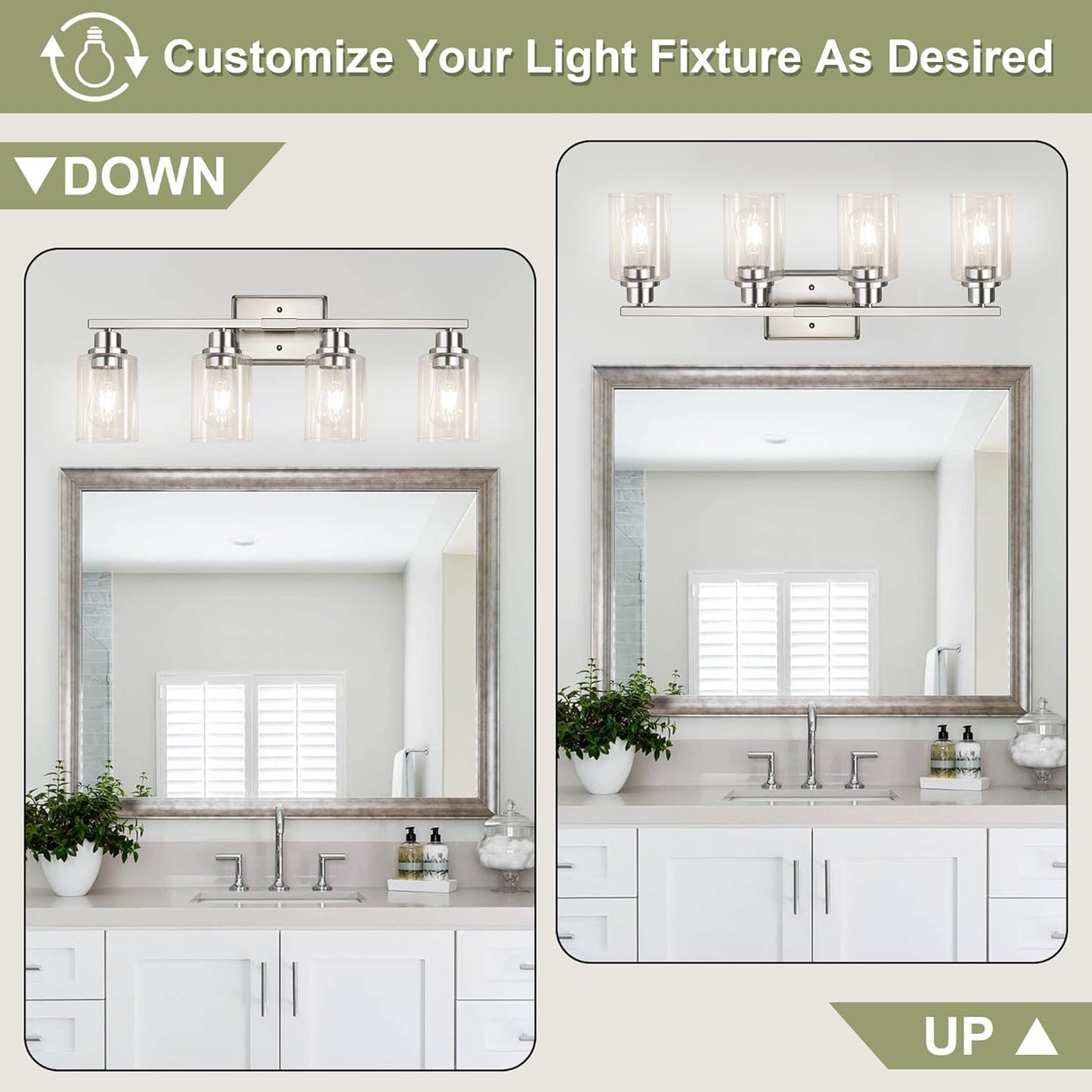 Unicozin Modern Bathroom Light Fixtures, 4 Light Vanity Lights Over Mirror, Brushed Nickel Wall Lamp with Clear Glass for Living Room Cabinet Bedroom Porch