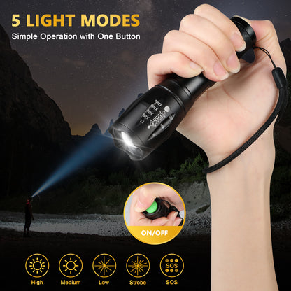 Unicozin LED Flashlight 2 Pack, Small Flashlights High Lumens with 5 Modes, Waterproof Zoomable Flash Light, Portable Torch for Camping Hiking Outdoor Home Emergency