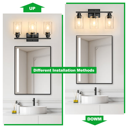 Unicozin 3 Light Bathroom Light Fixtures, Modern Vanity Lights Over Mirror, Black Wall Lamp with Clear Glass for Living Room Cabinet Bedroom Porch