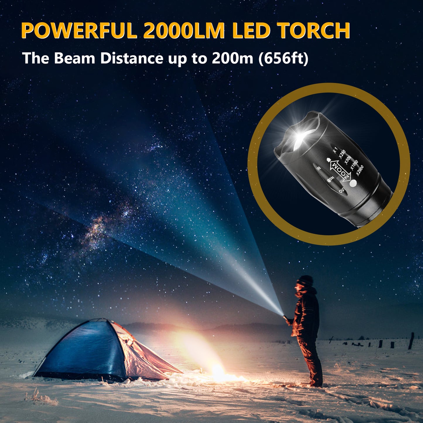 Unicozin LED Torch 1 Pack, 2000LM LED Flashlight Adjustable, 5 Modes Focus Zoomable, 3 x AAA Batteries Included, Waterproof Powerful Pocket Torch for Camping, Hiking, Walking, Outdoor, Emergency