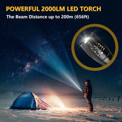Unicozin LED Torch 1 Pack, 2000LM LED Flashlight Adjustable, 5 Modes Focus Zoomable, 3 x AAA Batteries Included, Waterproof Powerful Pocket Torch for Camping, Hiking, Walking, Outdoor, Emergency