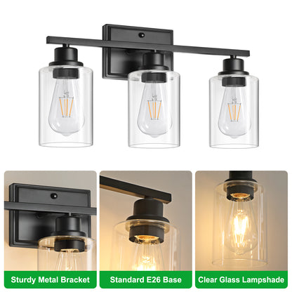 Unicozin 3 Light Bathroom Light Fixtures, Modern Vanity Lights Over Mirror, Black Wall Lamp with Clear Glass for Living Room Cabinet Bedroom Porch
