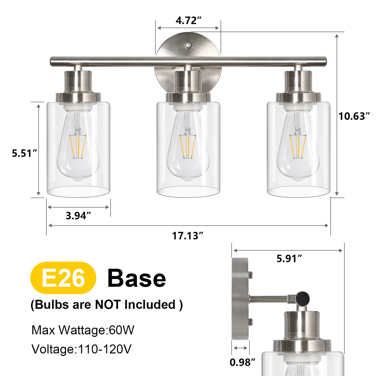 Unicozin 3 Light Vanity Lights, Matt Nickel Wall Sconce Light with Clear Glass, Bathroom Light Fixtures, Wall Lights for Mirror, Living Room, Bedroom, Hallway, E26 Base (Bulbs Not Included)