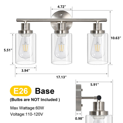 Unicozin 3 Light Vanity Lights, Matt Nickel Wall Sconce Light with Clear Glass, Bathroom Light Fixtures, Wall Lights for Mirror, Living Room, Bedroom, Hallway, E26 Base (Bulbs Not Included)