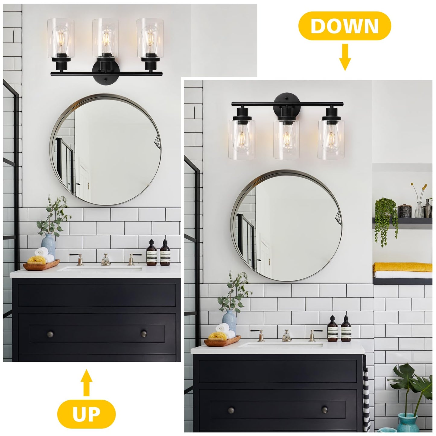 Unicozin 3 Light Vanity Lights, Black Wall Sconce Light with Clear Glass, Bathroom Light Fixtures, Wall Lights for Mirror, Living Room, Bedroom, Hallway, E26 Base (Bulbs Not Included)