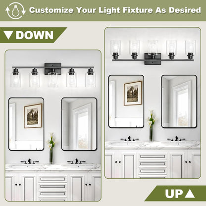 Unicozin Modern Bathroom Light Fixtures, 5 Light Vanity Lights Over Mirror, Black Wall Lamp with Clear Glass for Living Room Cabinet Bedroom Porch