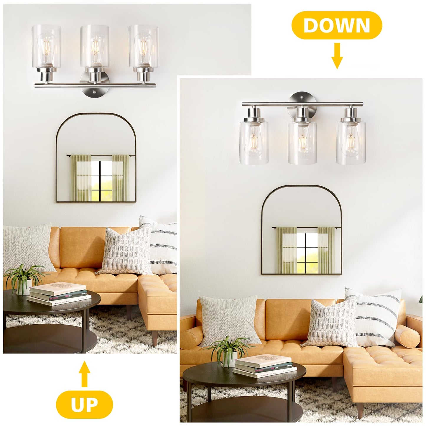 Unicozin 3 Light Vanity Lights, Matt Nickel Wall Sconce Light with Clear Glass, Bathroom Light Fixtures, Wall Lights for Mirror, Living Room, Bedroom, Hallway, E26 Base (Bulbs Not Included)