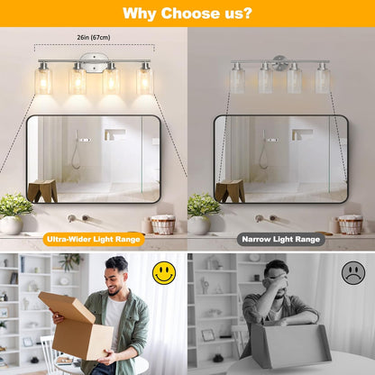 Unicozin Bathroom Light Fixtures, 4 Light Vanity Lights for Bathroom, Brushed Nickel Wall Lamp with Clear Glass for Mirror, Living Room, Hallway, Cabinet, E26 Base