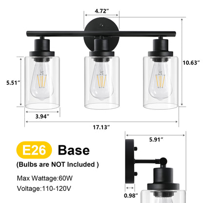 Unicozin 3 Light Vanity Lights, Black Wall Sconce Light with Clear Glass, Bathroom Light Fixtures, Wall Lights for Mirror, Living Room, Bedroom, Hallway, E26 Base (Bulbs Not Included)