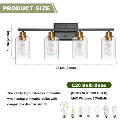 Unicozin Modern Bathroom Light Fixtures, 4 Light Vanity Lights Over Mirror, Black and Gold Wall Lamp with Clear Glass for Living Room Cabinet Bedroom Porch