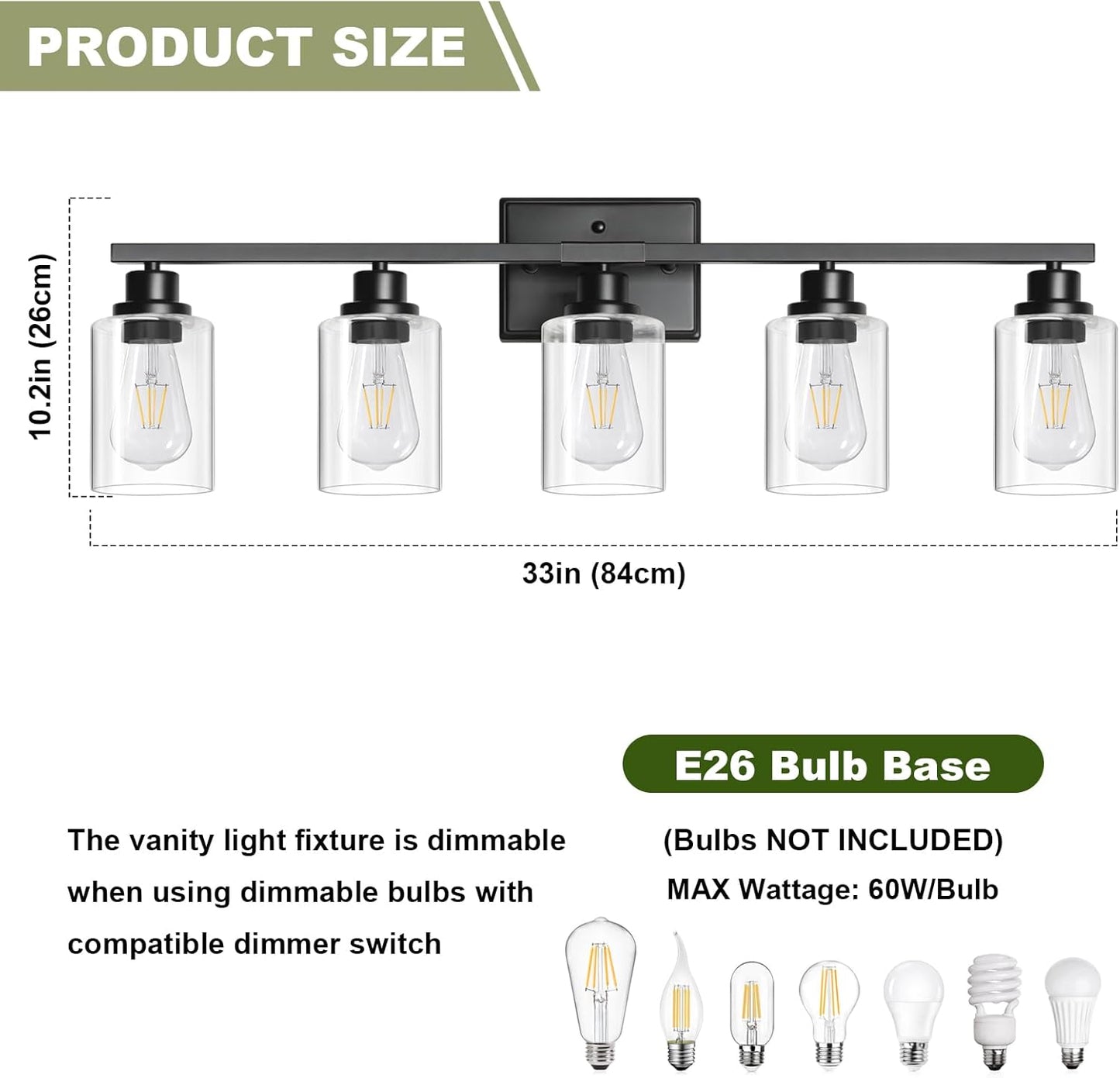 Unicozin Modern Bathroom Light Fixtures, 5 Light Vanity Lights Over Mirror, Black Wall Lamp with Clear Glass for Living Room Cabinet Bedroom Porch