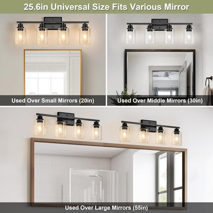 Unicozin Modern Bathroom Light Fixtures, 4 Light Vanity Lights Over Mirror, Black Wall Lamp with Clear Glass for Living Room Cabinet Bedroom Porch