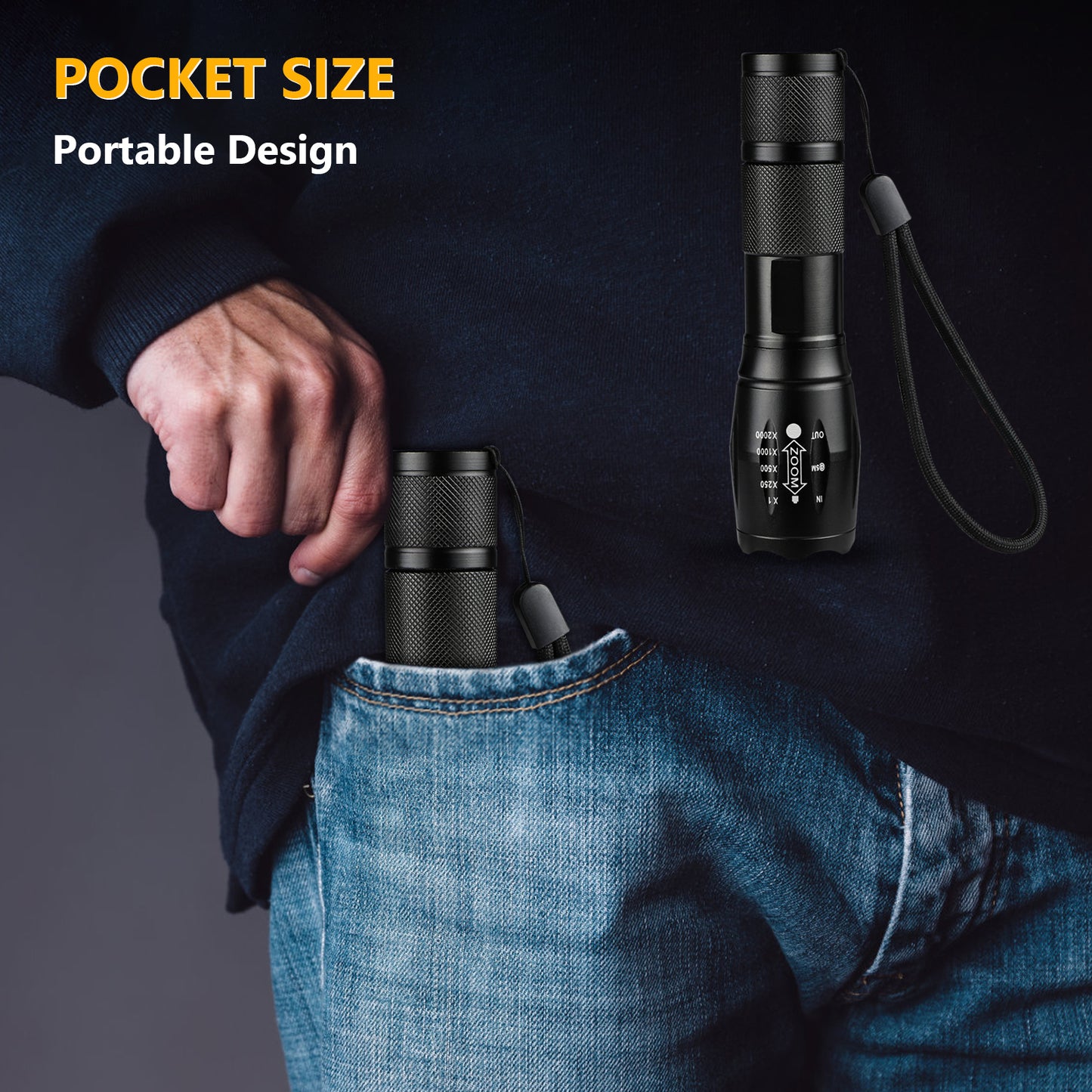 Unicozin LED Torch 1 Pack, 2000LM LED Flashlight Adjustable, 5 Modes Focus Zoomable, 3 x AAA Batteries Included, Waterproof Powerful Pocket Torch for Camping, Hiking, Walking, Outdoor, Emergency