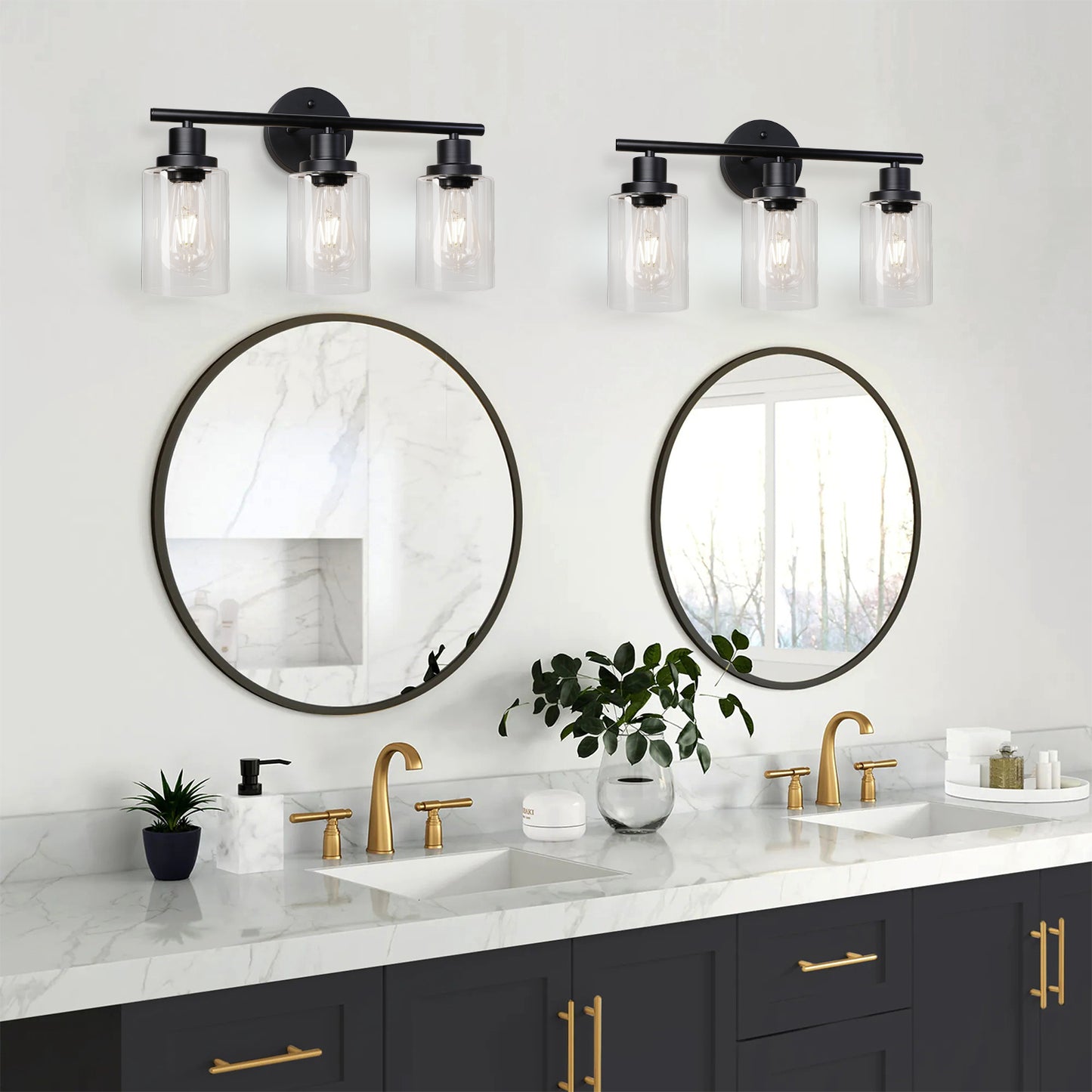 Unicozin 3 Light Vanity Lights, Black Wall Sconce Light with Clear Glass, Bathroom Light Fixtures, Wall Lights for Mirror, Living Room, Bedroom, Hallway, E26 Base (Bulbs Not Included)