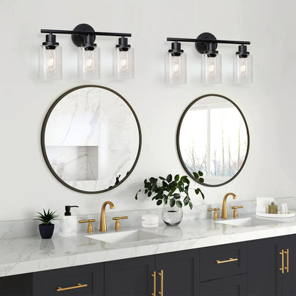 Unicozin 3 Light Vanity Lights, Black Wall Sconce Light with Clear Glass, Bathroom Light Fixtures, Wall Lights for Mirror, Living Room, Bedroom, Hallway, E26 Base (Bulbs Not Included)