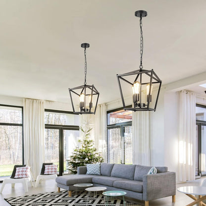 Unicozin Black Lantern Pendant Light, 3 Lights Farmhouse Chandelier Fixture with Metal Cage, Adjustable Height Industrial Hanging Lights E26 Base for Kitchen Island, Bedroom, Entryway, Foyer