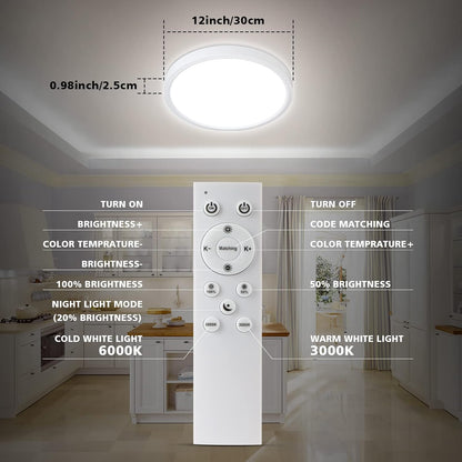 Unicozin Dimmable LED Flush Mount Ceiling Light with Remote Control, 3000K-6000K Color Changing, 12Inch 24W(150W Equiv) 2200LM, Round Flat Ceiling Lamp White for Bedroom, Living Room, Kitchen