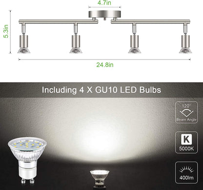 Unicozin LED 4 Light Track Lighting Kit, Matt Nickel 4 Way Ceiling Spot Lighting, Flexibly Rotatable Light Head, Modern Track Light Included 4 x LED GU10 Bulb (4W, Daylight White 5000K, 400LM, AC120V)