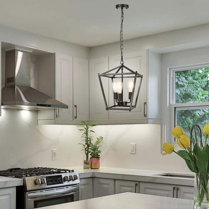 Unicozin Black Lantern Pendant Light, 3 Lights Farmhouse Chandelier Fixture with Metal Cage, Adjustable Height Industrial Hanging Lights E26 Base for Kitchen Island, Bedroom, Entryway, Foyer