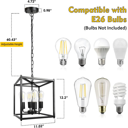 Unicozin 4-Light Black Farmhouse Chandelier, Iron Lantern Pendant Light Rustic Cage Adjustable Height, E26 Base Industrial Hanging Lights for Kitchen Island Dining Room Hallway Foyer Entryway