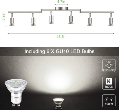 Unicozin LED 6 Light Track Lighting Kit, Matt Nickel 6 Way Ceiling Spot Lighting, Flexibly Rotatable Light Head, Modern Track Light Included 6 x LED GU10 Bulb (4W, Daylight White 5000K, 400LM, AC120V)