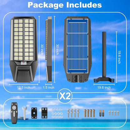 Unicozin Utral-Large Solar Street Light, 300000 Lumens, Energy-Efficient, Waterproof, Dusk-to-Dawn, Ideal for Commercial & Outdoor Parking Lots - Energy-Efficient Solar-Powered, 2 Pack