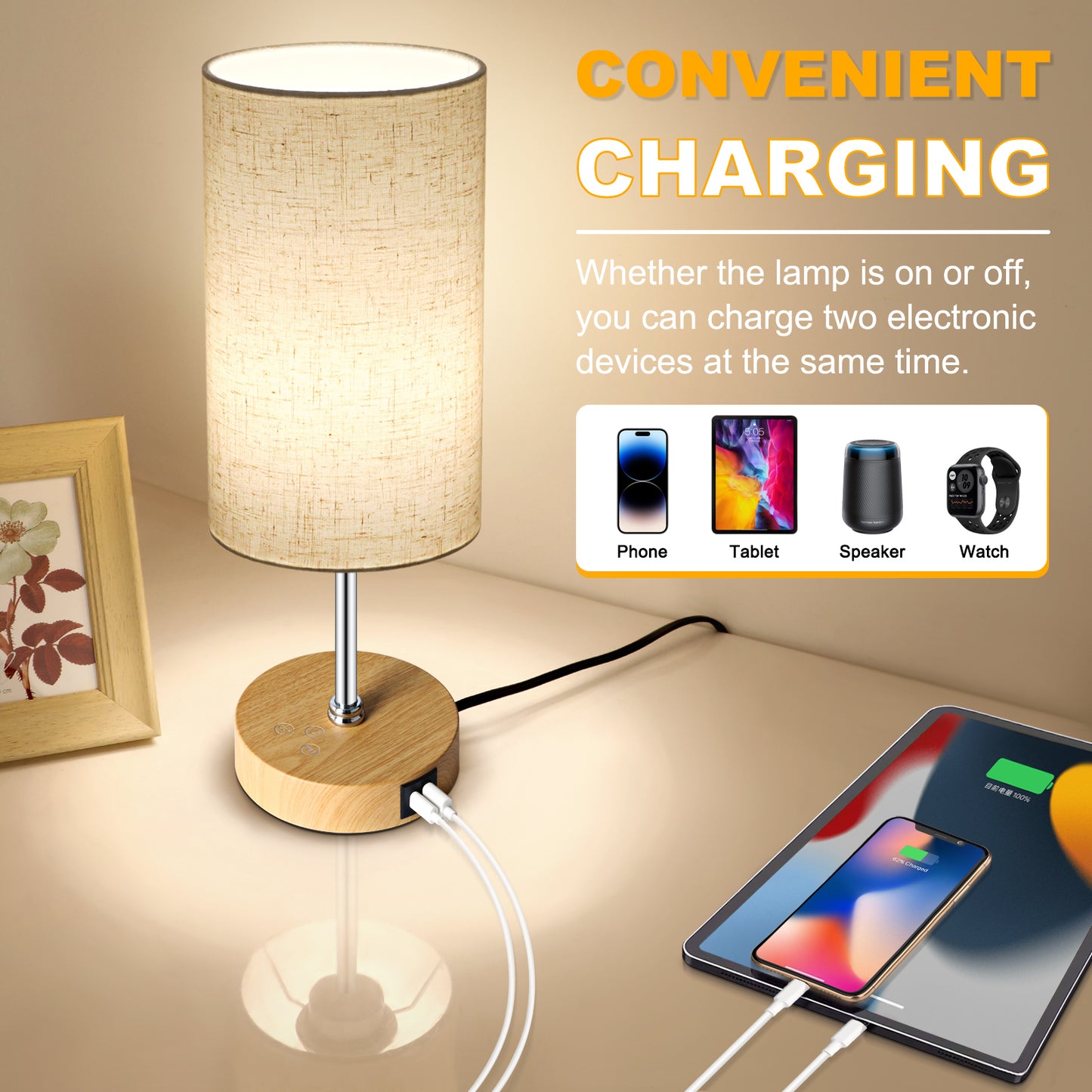 Unicozin Small Table Lamp, 3CCT & 7 RGB Color Changing, Dimmable Nightstand Lamp with Wood Grain Base, Touch Bedsides Lamp for Bedroom, Office, Kids Room, Nursery, Party, Beige Shad
