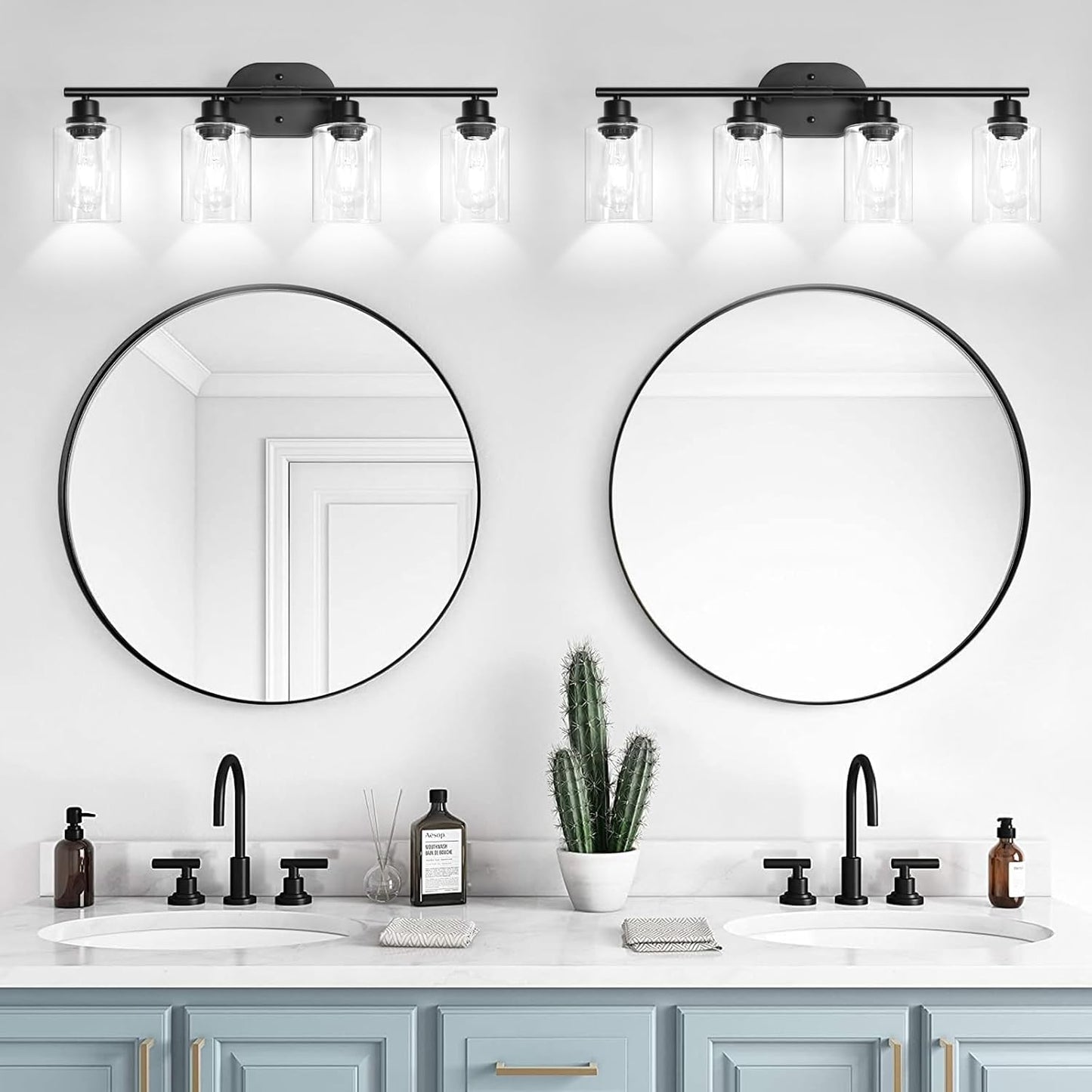 Unicozin Bathroom Light Fixtures, 4 Light Vanity Lights for Bathroom, Black Wall Lamp with Clear Glass for Mirror, Living Room, Hallway, Cabinet, E26 Base