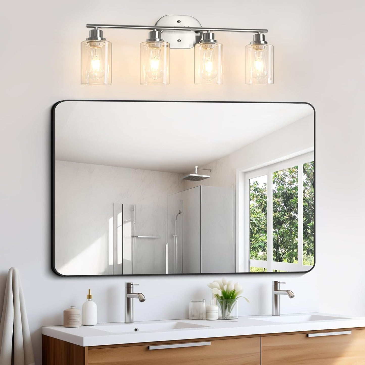 Unicozin Bathroom Light Fixtures, 4 Light Vanity Lights for Bathroom, Brushed Nickel Wall Lamp with Clear Glass for Mirror, Living Room, Hallway, Cabinet, E26 Base