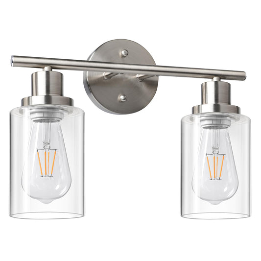Unicozin 2 Light Vanity Lights, Brushed Nickel Wall Sconce Light with Clear Glass, Bathroom Light Fixtures, Wall Lights for Mirror, Living Room, Bedroom, Hallway, E26 Base (Bulbs Not Included)