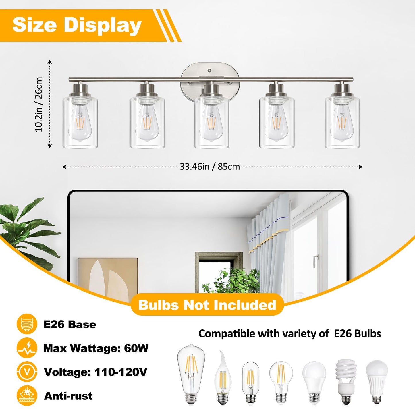 Unicozin Bathroom Light Fixtures, 5 Light Vanity Lights for Bathroom, Brushed Nickel Wall Lamp with Clear Glass for Mirror, Living Room, Hallway, Cabinet, E26 Base