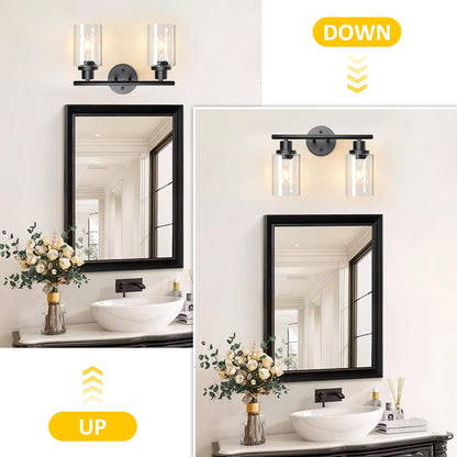 Unicozin 2 Light Vanity Lights, Black Wall Sconce Light with Clear Glass, Bathroom Light Fixtures, Wall Lights for Mirror, Living Room, Bedroom, Hallway, E26 Base (Bulbs Not Included)