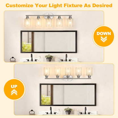 Unicozin Bathroom Light Fixtures, 5 Light Vanity Lights for Bathroom, Brushed Nickel Wall Lamp with Clear Glass for Mirror, Living Room, Hallway, Cabinet, E26 Base