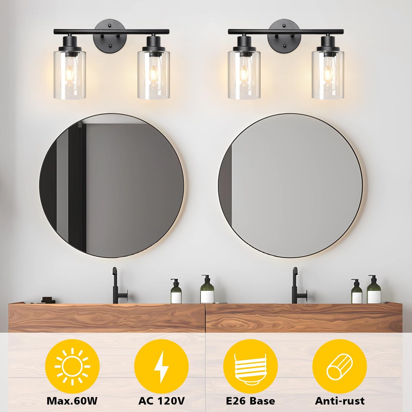 Unicozin 2 Light Vanity Lights, Black Wall Sconce Light with Clear Glass, Bathroom Light Fixtures, Wall Lights for Mirror, Living Room, Bedroom, Hallway, E26 Base (Bulbs Not Included)