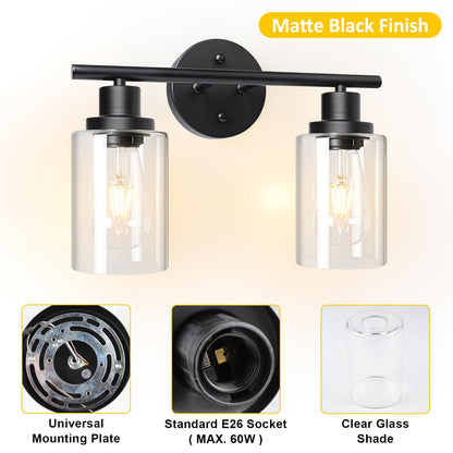Unicozin 2 Light Vanity Lights, Black Wall Sconce Light with Clear Glass, Bathroom Light Fixtures, Wall Lights for Mirror, Living Room, Bedroom, Hallway, E26 Base (Bulbs Not Included)