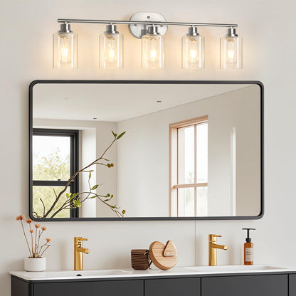 Unicozin Bathroom Light Fixtures, 5 Light Vanity Lights for Bathroom, Brushed Nickel Wall Lamp with Clear Glass for Mirror, Living Room, Hallway, Cabinet, E26 Base