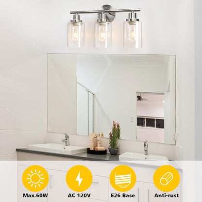 Unicozin 3 Light Vanity Lights, Matt Nickel Wall Sconce Light with Clear Glass, Bathroom Light Fixtures, Wall Lights for Mirror, Living Room, Bedroom, Hallway, E26 Base (Bulbs Not Included)